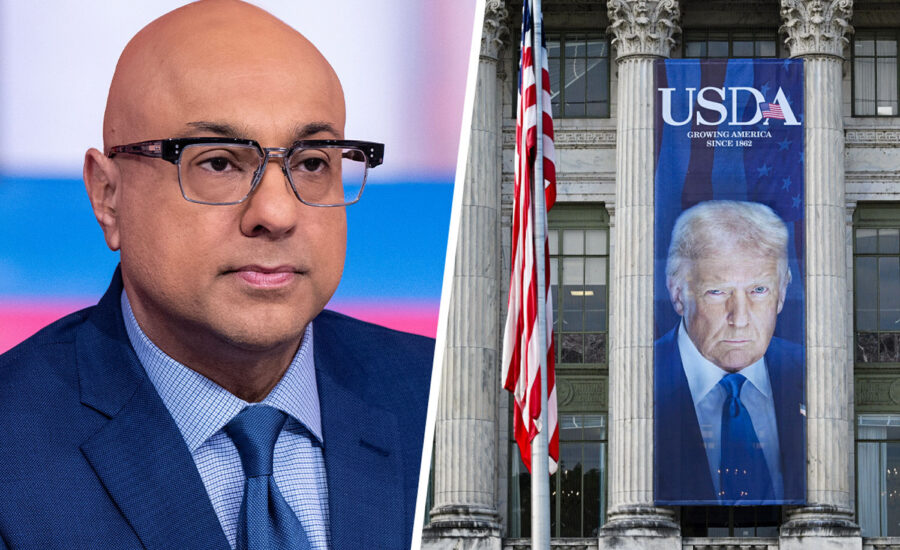 Trump plasters his face on a government building, pulling a page from the dictators’ playbook