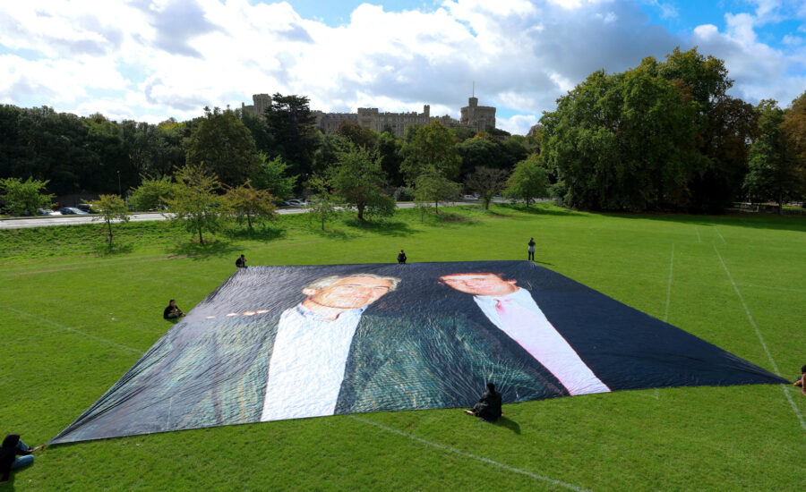 Huge photo of Trump and Epstein unfurled in UK ahead of US state visit