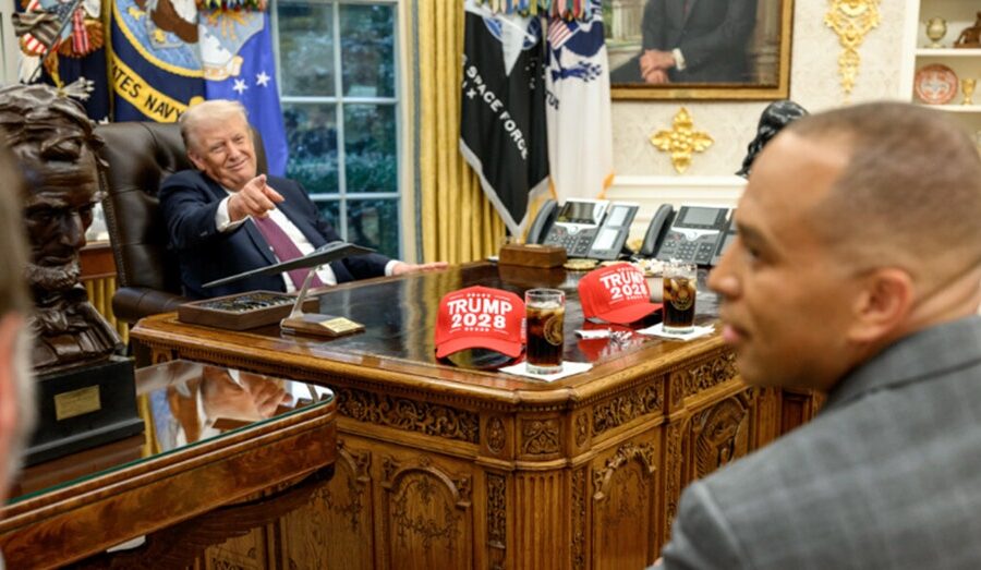 Trump taunts Democrat leaders with ‘Trump 2028’ hats in Oval Office as shutdown approaches