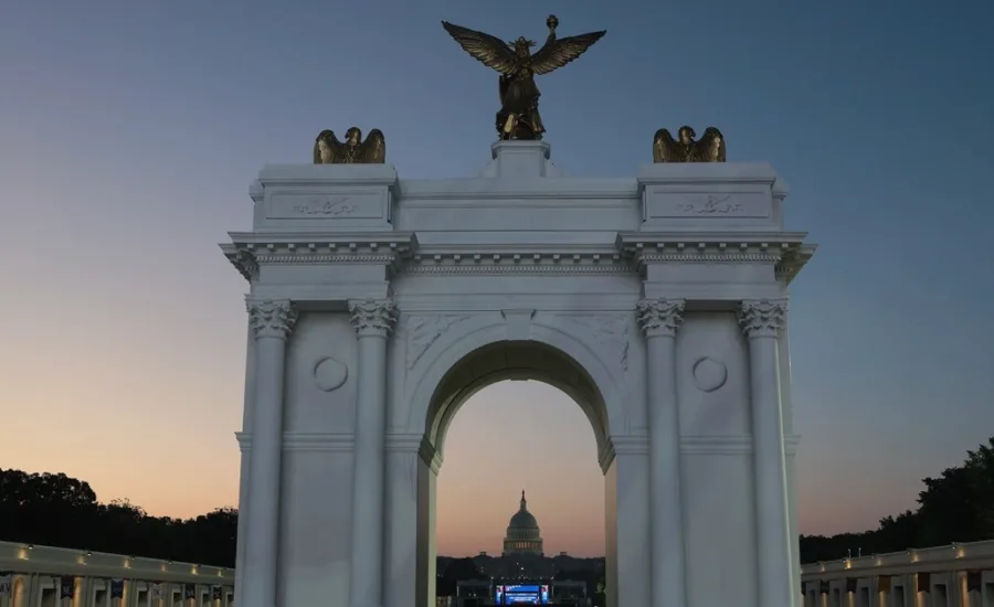 A federal judge continues to weigh construction of the Trump arch